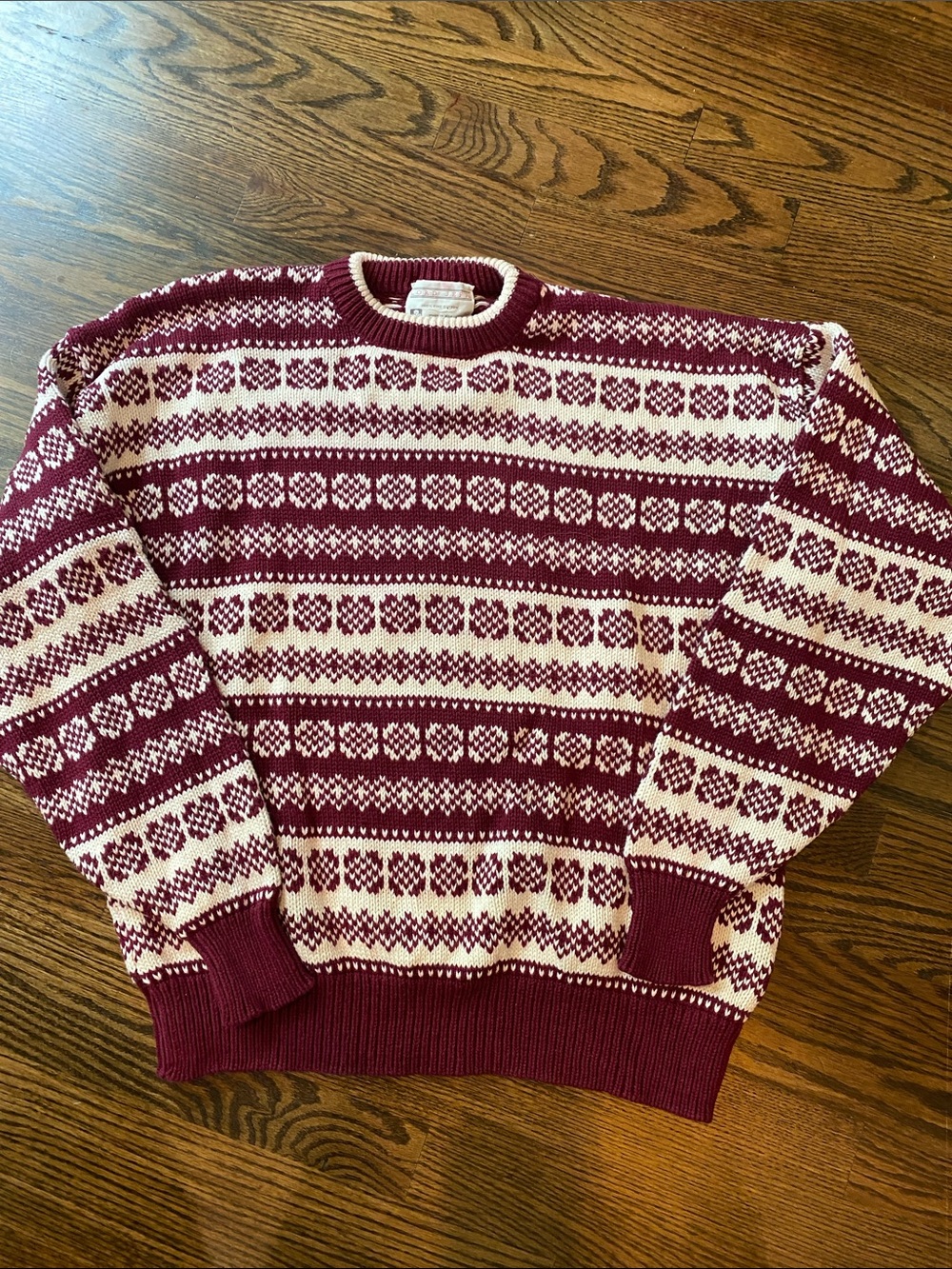 Men's Vintage Cotton Lord Jeff Fair Isle Crewneck Sweater in Burgundy and Cream